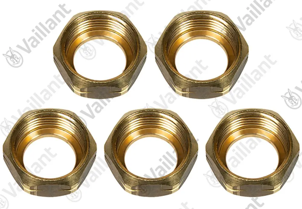 Vaillant-Muttern in Form eines sechseckigen Gehäuses, aus Metall, mit Innengewinde. Fünf Stück abgebildet.